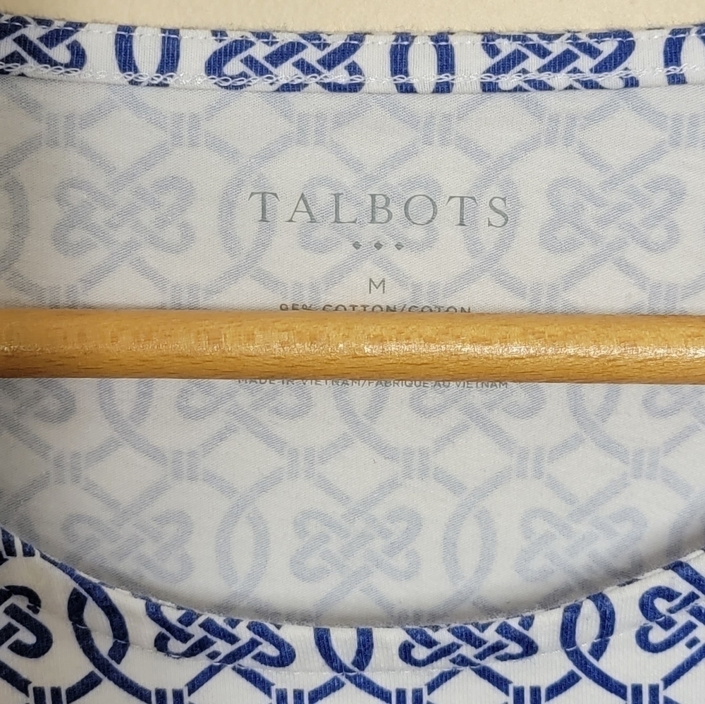 Talbots Factory Blue & White Links Print Top with Ribbon Trim Size Medium - Picture 4 of 5